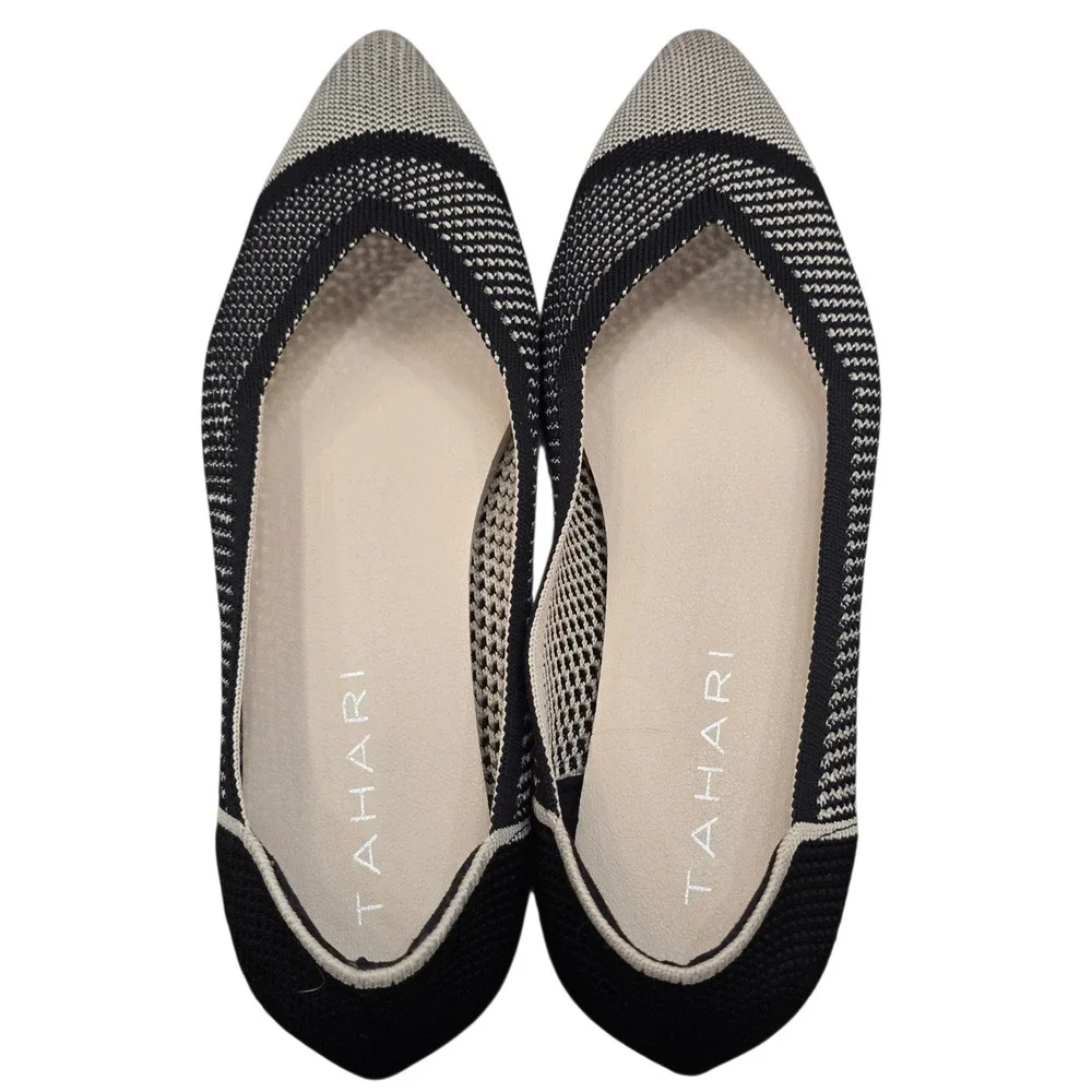 Tahari Antigua Pointed Toe Knit Ballet Flats Black Ivory Sz 8 Quiet Luxury Chic